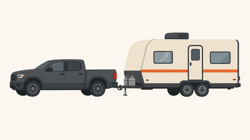 Travel trailer RV being towed — Tony's Mobile RV Services